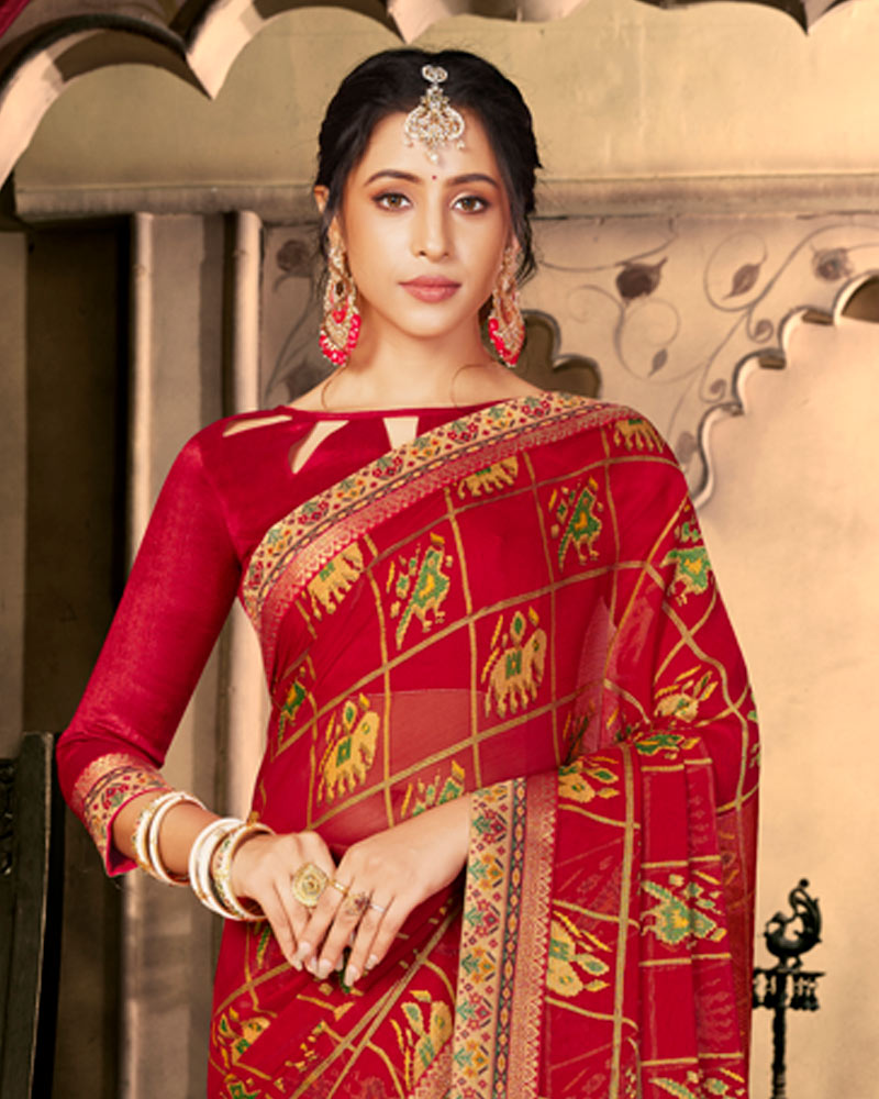 Vishal Prints Cherry Red Designer Brasso Saree With Foil Print And Fancy Border