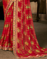 Vishal Prints Cherry Red Designer Brasso Saree With Foil Print And Fancy Border