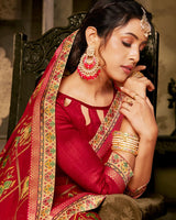 Vishal Prints Cherry Red Designer Brasso Saree With Foil Print And Fancy Border