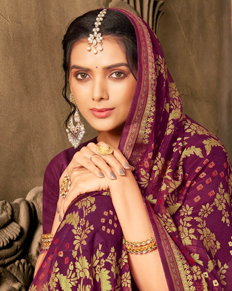 Vishal Prints Wine Designer Brasso Saree With Foil Print And Fancy Border