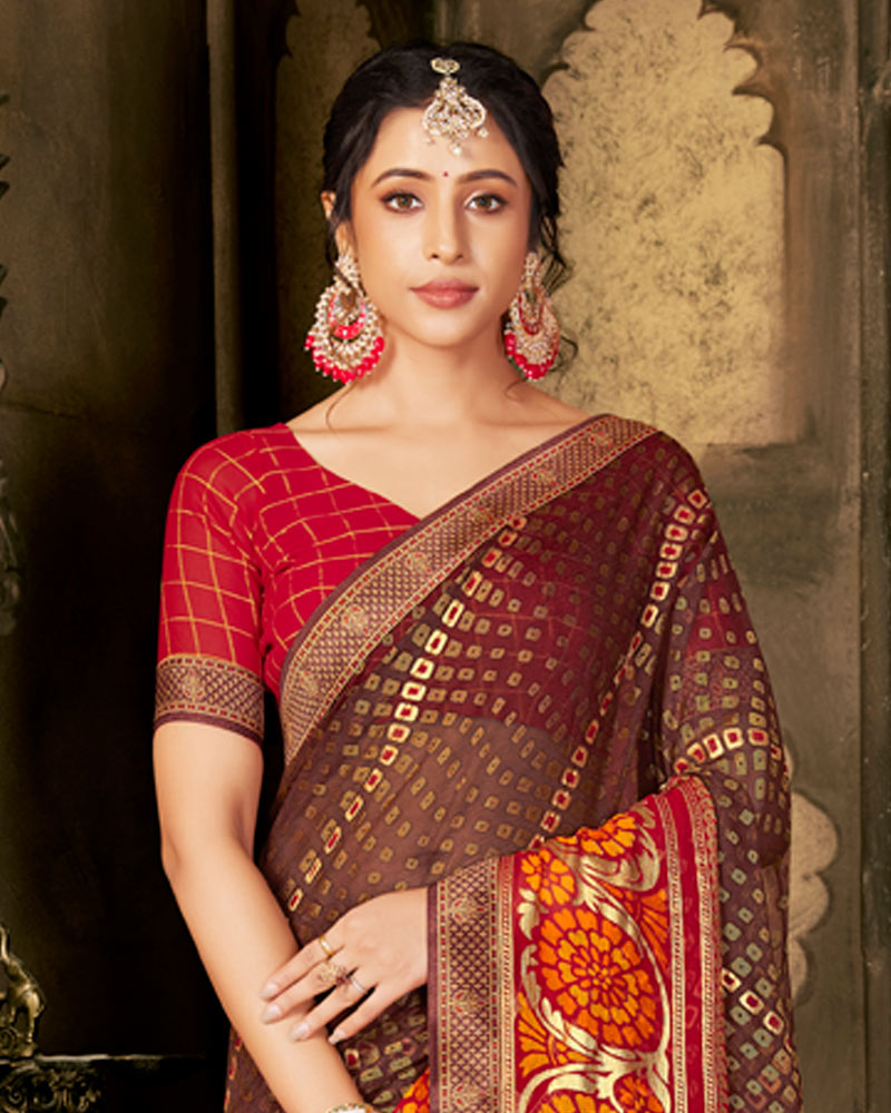 Vishal Prints Coffee Brown Designer Brasso Saree With Foil Print And Fancy Border
