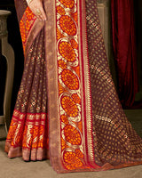 Vishal Prints Coffee Brown Designer Brasso Saree With Foil Print And Fancy Border