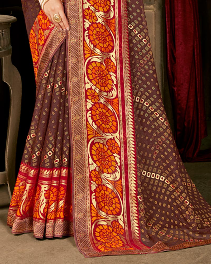 Vishal Prints Coffee Brown Designer Brasso Saree With Foil Print And Fancy Border