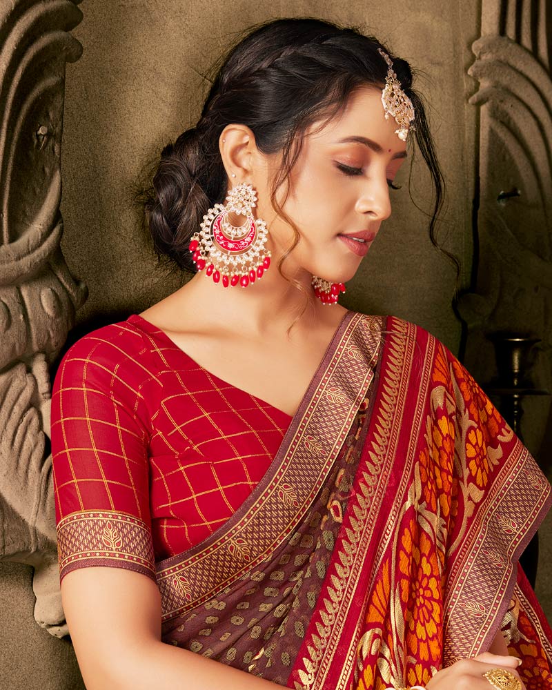 Vishal Prints Coffee Brown Designer Brasso Saree With Foil Print And Fancy Border