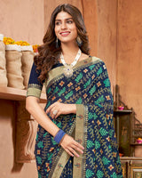 Vishal Prints Dark Navy Blue Printed Brasso Saree With Foil Print And Fancy Border