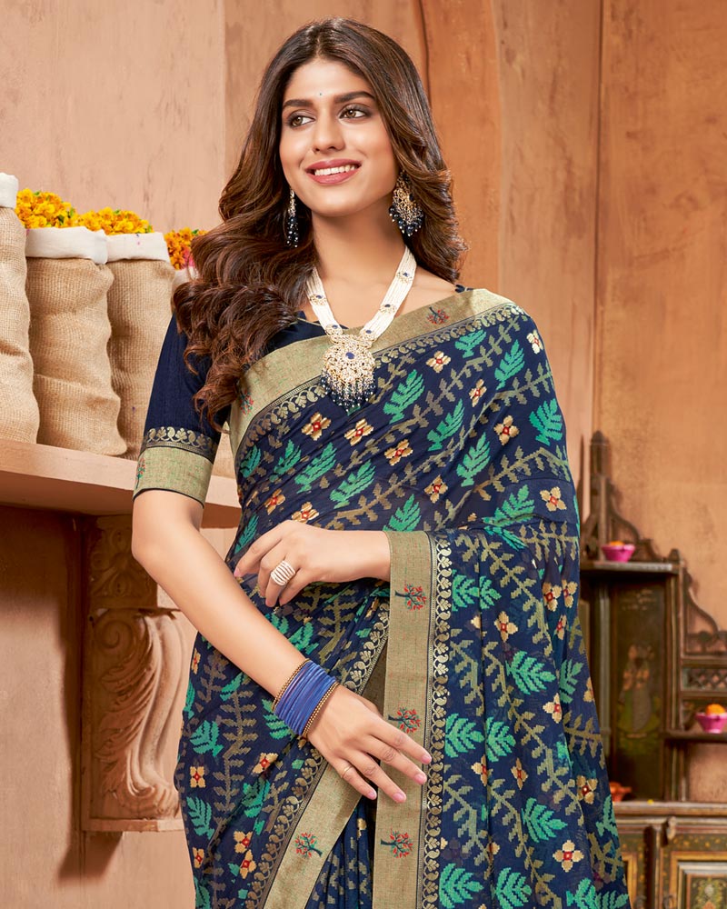 Vishal Prints Dark Navy Blue Printed Brasso Saree With Foil Print And Fancy Border