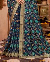 Vishal Prints Dark Navy Blue Printed Brasso Saree With Foil Print And Fancy Border