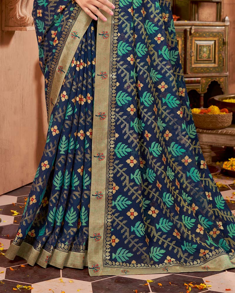 Vishal Prints Dark Navy Blue Printed Brasso Saree With Foil Print And Fancy Border