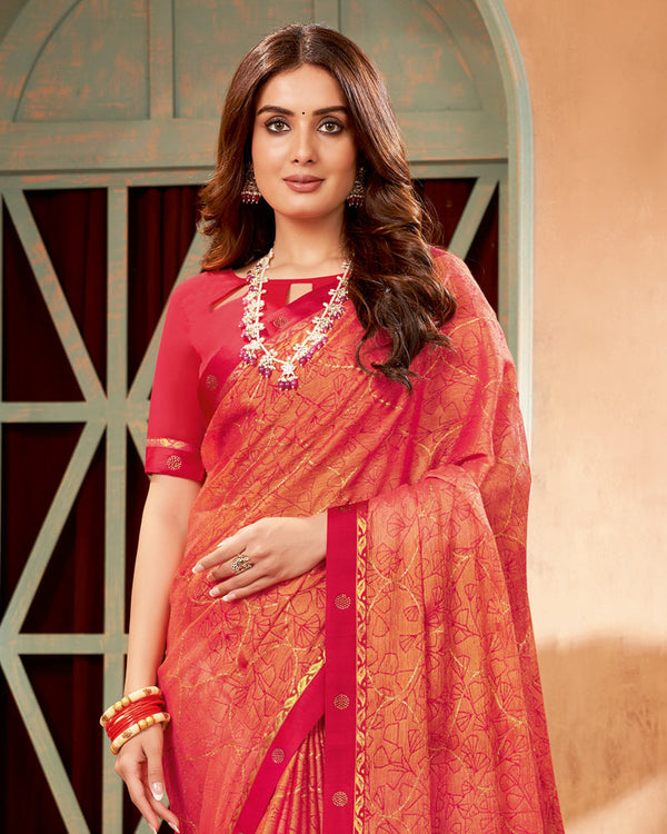 Vishal Prints Red Printed Brasso Saree With Foil Print And Fancy Border