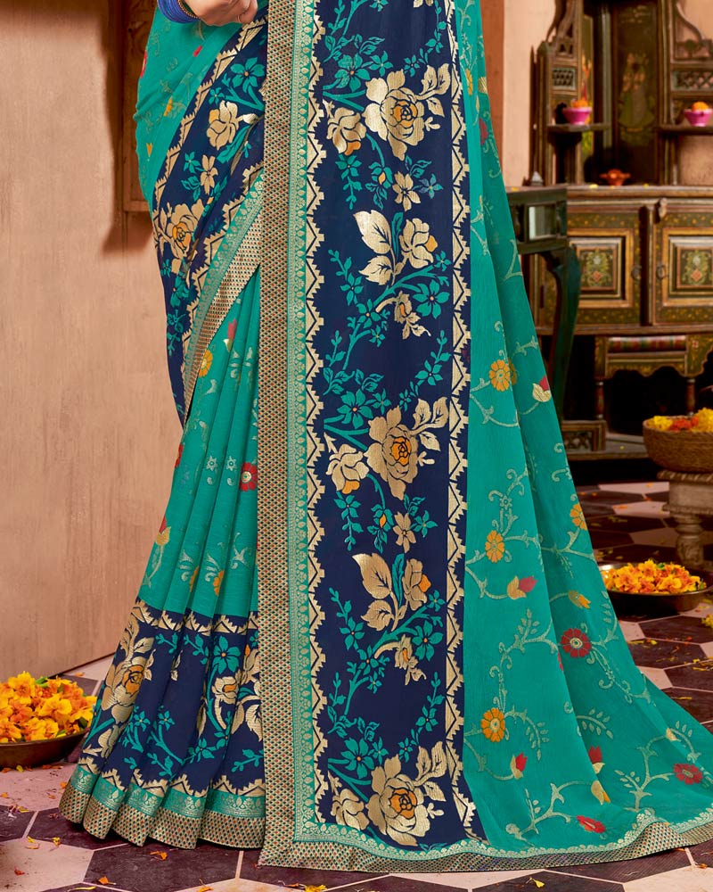 Vishal Prints Teal Blue Printed Brasso Saree With Foil Print And Fancy Border