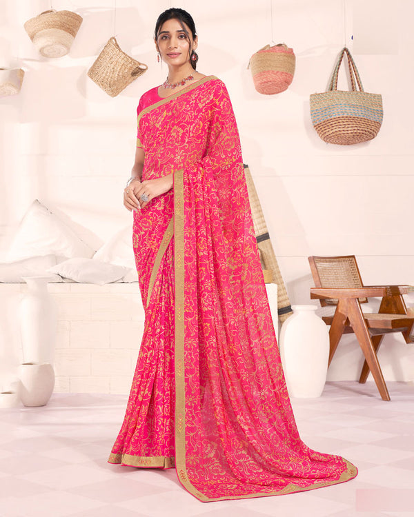Vishal Prints Red Pink Printed Georgette Saree With Fancy Border