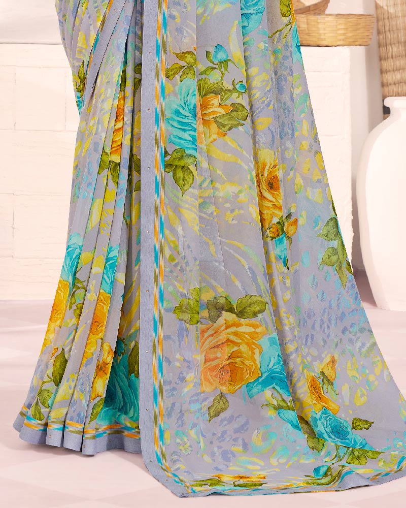 Vishal Prints Bluish Grey Printed Georgette Saree With Fancy Border
