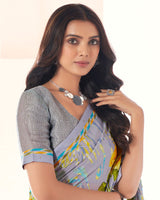 Vishal Prints Bluish Grey Printed Georgette Saree With Fancy Border