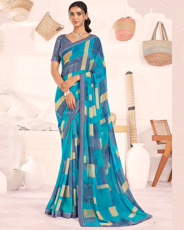 Vishal Prints Pacific Blue Printed Georgette Saree With Fancy Border