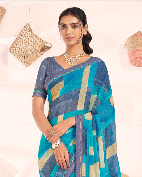 Vishal Prints Pacific Blue Printed Georgette Saree With Fancy Border