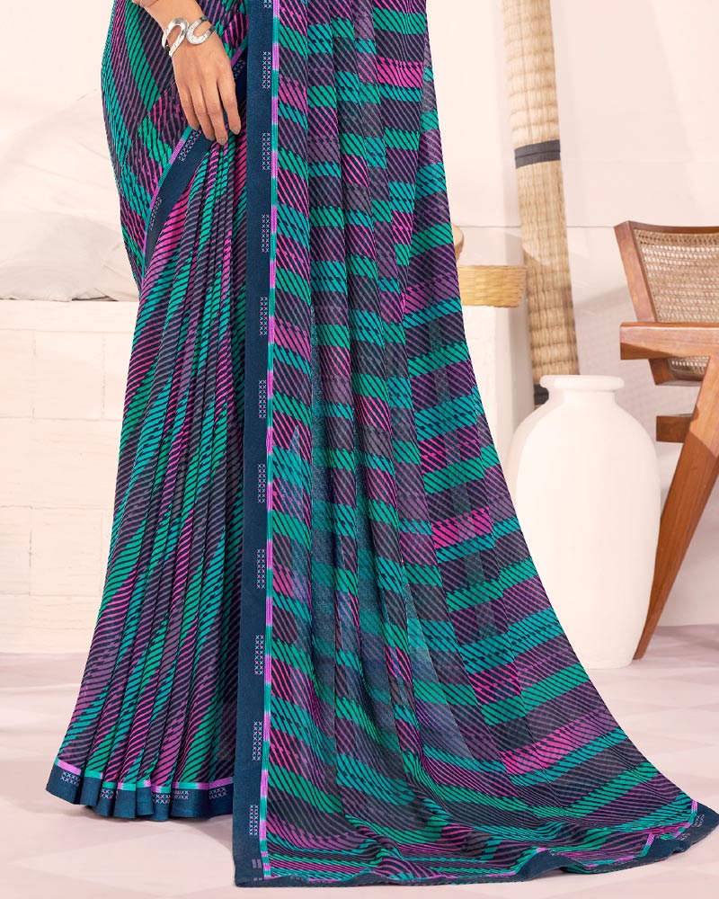 Vishal Prints Dark Navy Blue Printed Georgette Saree With Fancy Border