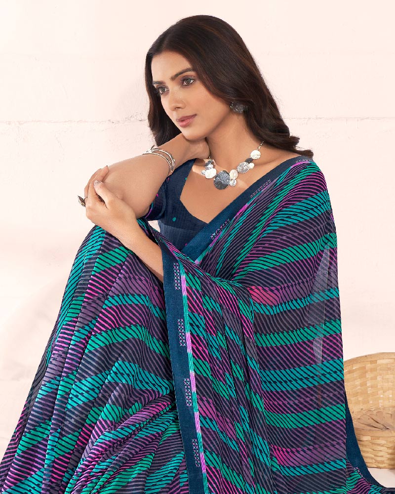 Vishal Prints Dark Navy Blue Printed Georgette Saree With Fancy Border