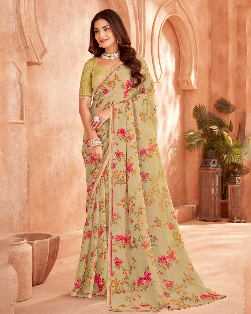 Vishal Prints Beige Sand Printed Georgette Saree With Fancy Border
