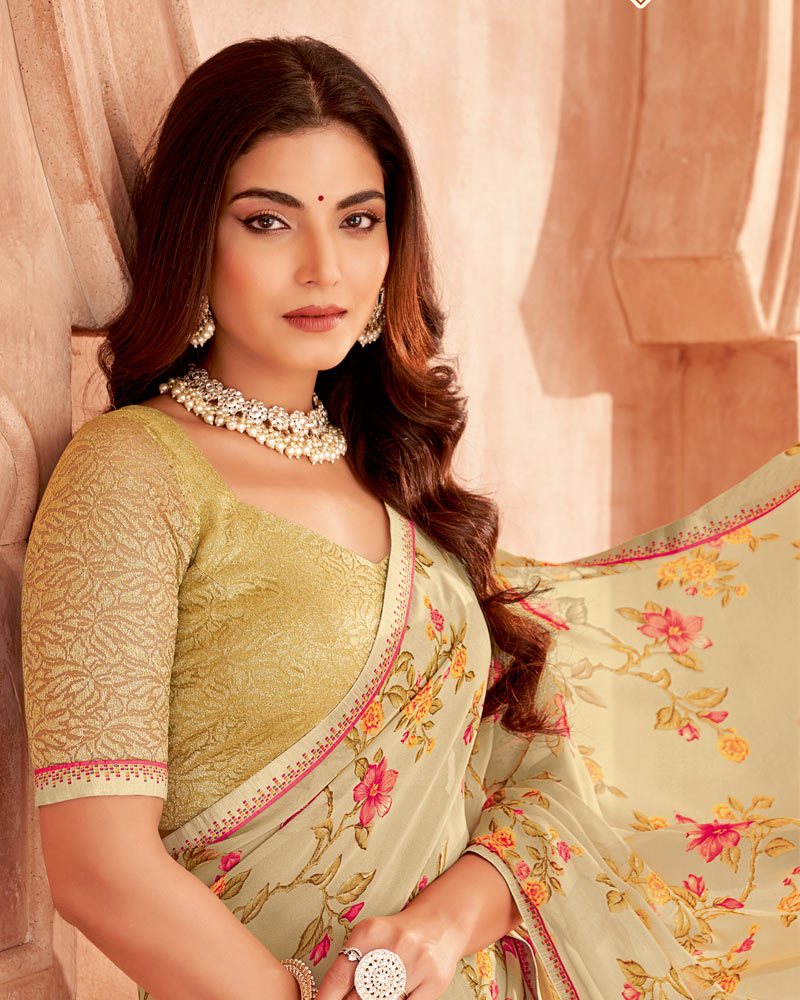 Vishal Prints Beige Sand Printed Georgette Saree With Fancy Border