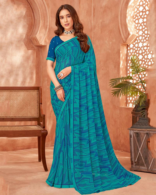 Vishal Prints Teal Green Printed Georgette Saree With Fancy Border