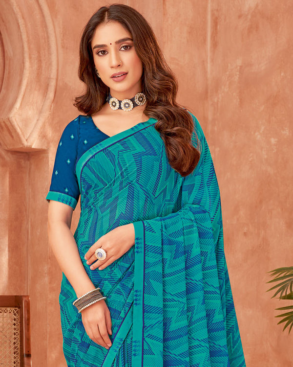 Vishal Prints Teal Green Printed Georgette Saree With Fancy Border