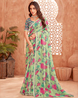 Vishal Prints Pastel Green Printed Georgette Saree With Fancy Border