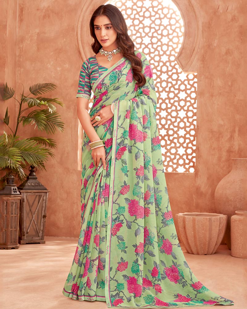Vishal Prints Pastel Green Printed Georgette Saree With Fancy Border