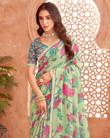 Vishal Prints Pastel Green Printed Georgette Saree With Fancy Border