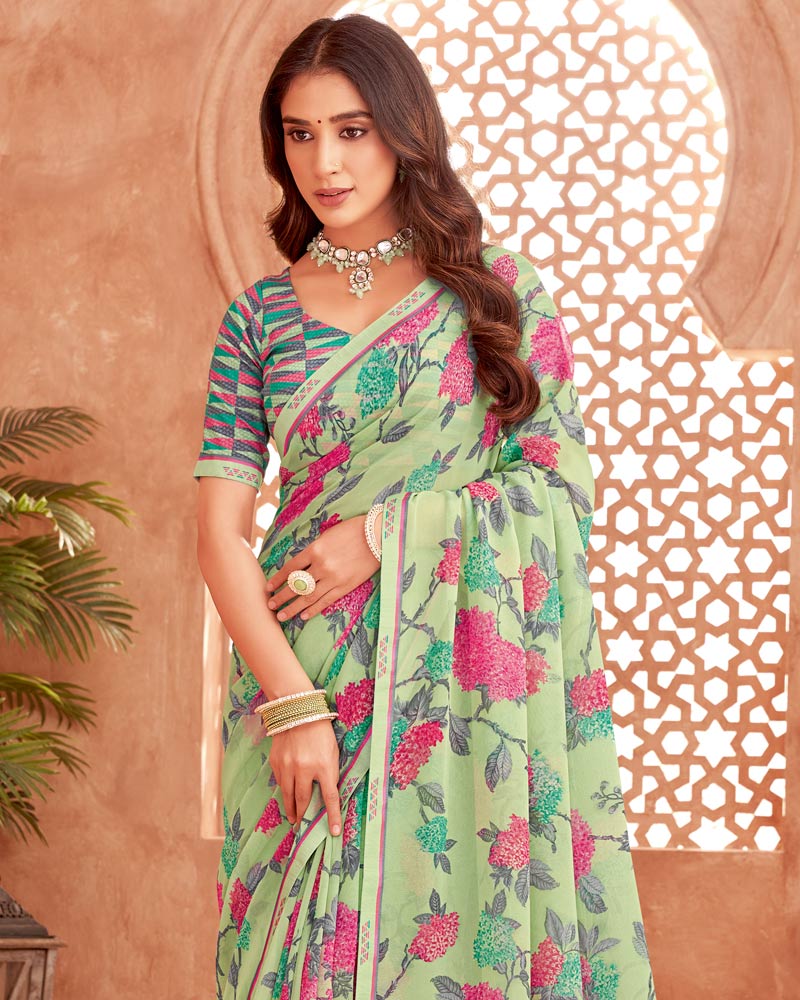 Vishal Prints Pastel Green Printed Georgette Saree With Fancy Border