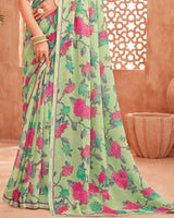 Vishal Prints Pastel Green Printed Georgette Saree With Fancy Border