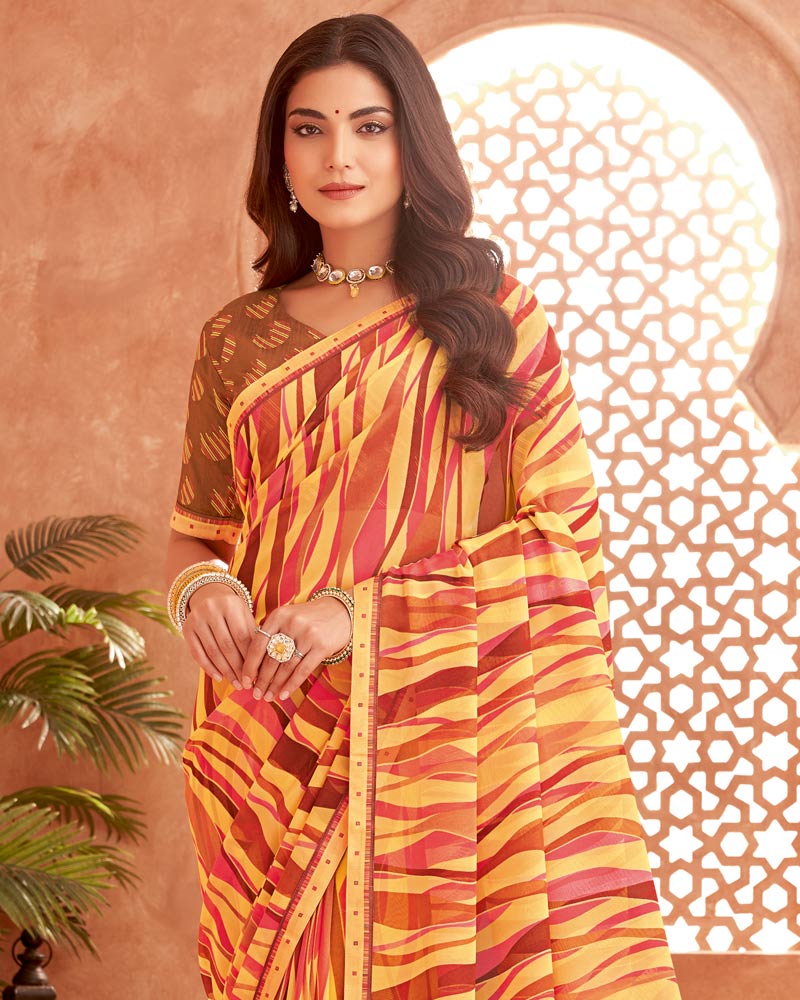 Vishal Prints Light Mustard Printed Georgette Saree With Fancy Border