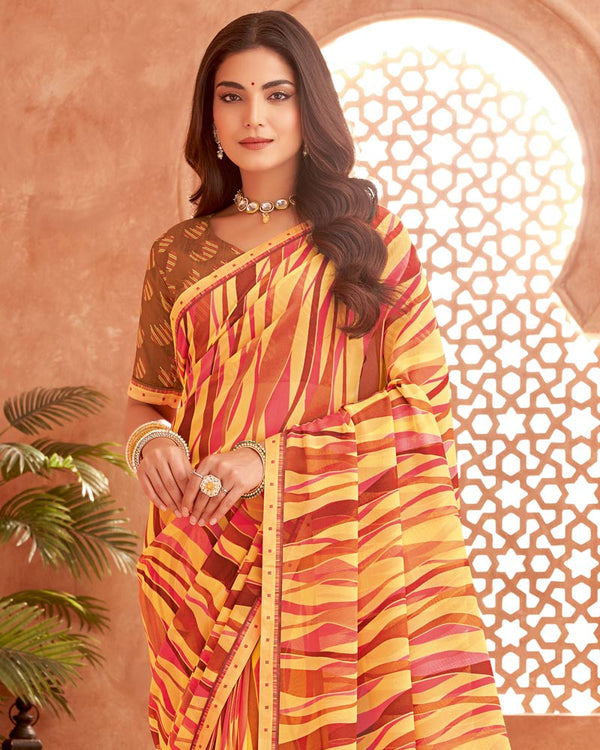 Vishal Prints Light Mustard Printed Georgette Saree With Fancy Border
