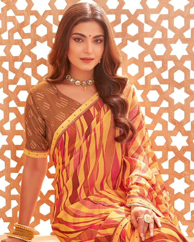 Vishal Prints Light Mustard Printed Georgette Saree With Fancy Border
