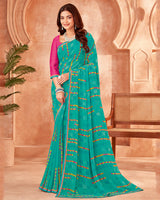 Vishal Prints Aqua Green Printed Georgette Saree With Fancy Border