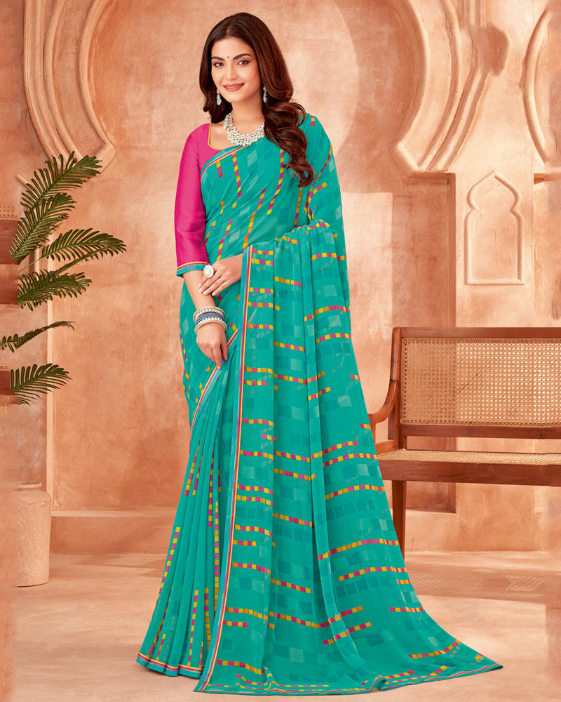 Vishal Prints Aqua Green Printed Georgette Saree With Fancy Border