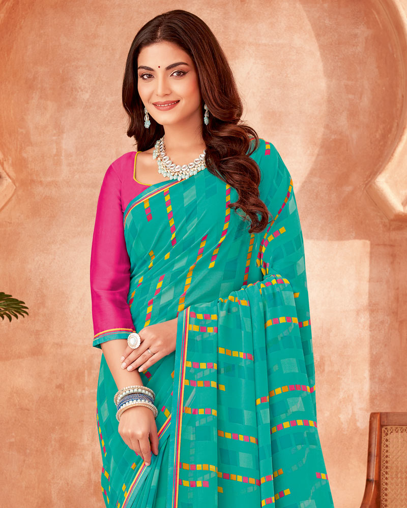 Vishal Prints Aqua Green Printed Georgette Saree With Fancy Border
