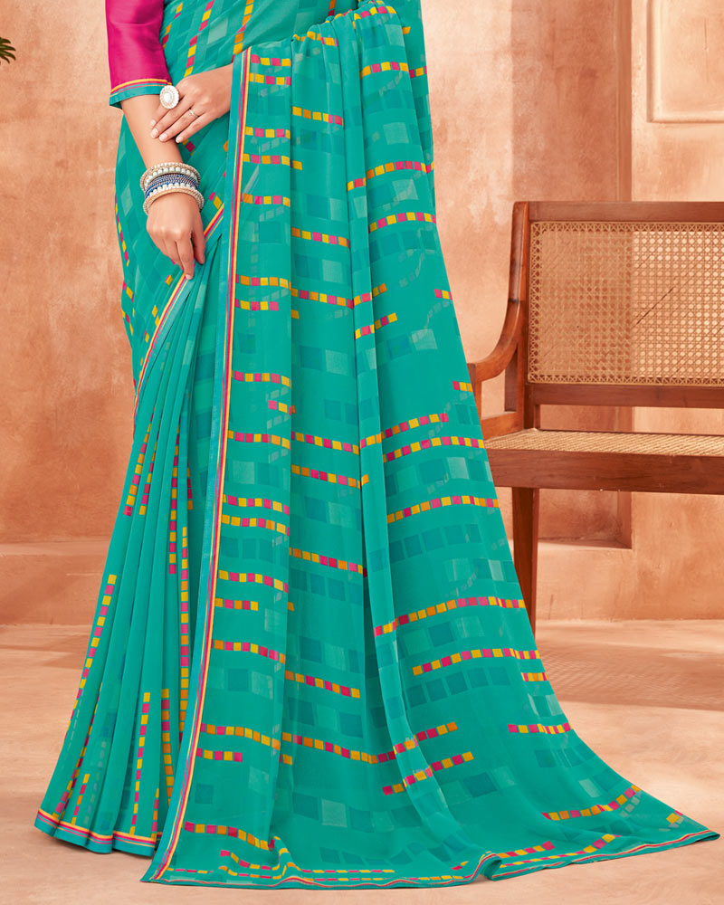 Vishal Prints Aqua Green Printed Georgette Saree With Fancy Border