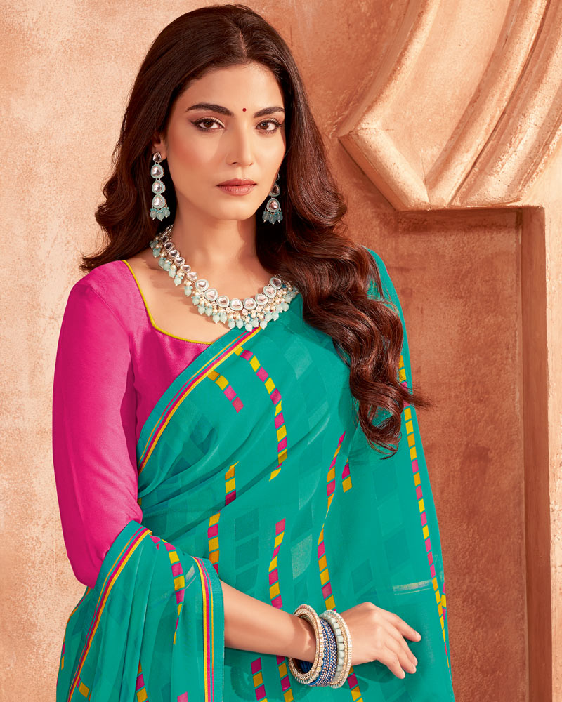 Vishal Prints Aqua Green Printed Georgette Saree With Fancy Border