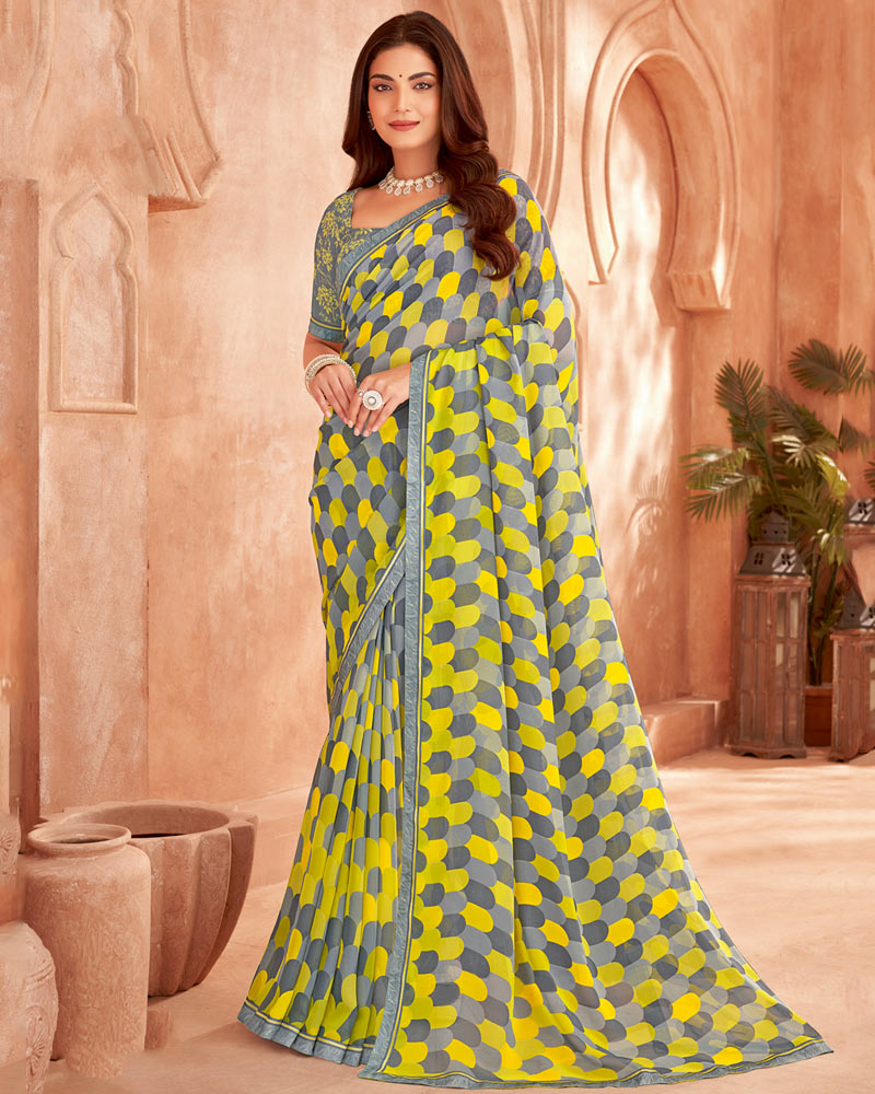 Vishal Prints Slate Grey Printed Georgette Saree With Fancy Border