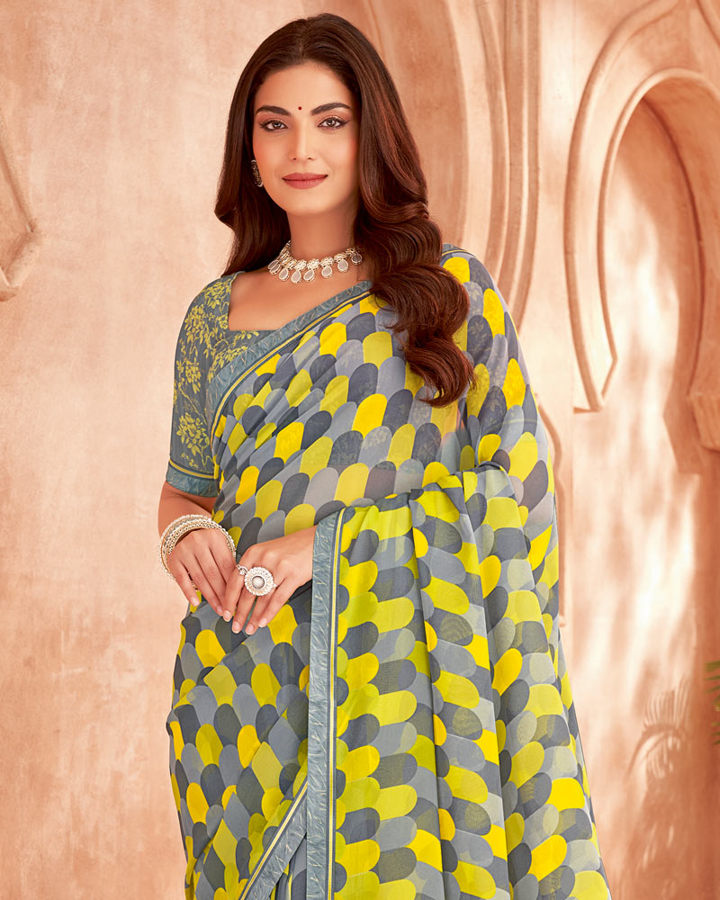 Vishal Prints Slate Grey Printed Georgette Saree With Fancy Border
