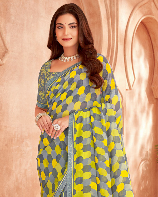 Vishal Prints Slate Grey Printed Georgette Saree With Fancy Border