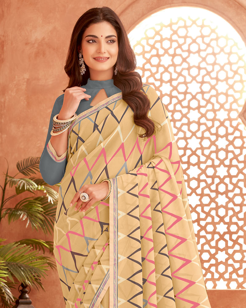 Vishal Prints Fawn Printed Georgette Saree With Fancy Border
