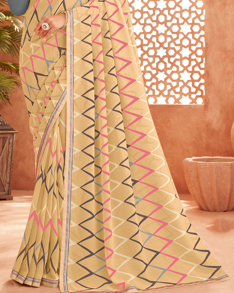 Vishal Prints Fawn Printed Georgette Saree With Fancy Border