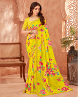 Vishal Prints Golden Yellow Printed Georgette Saree With Fancy Border