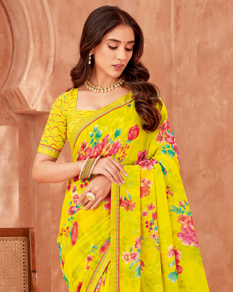 Vishal Prints Golden Yellow Printed Georgette Saree With Fancy Border