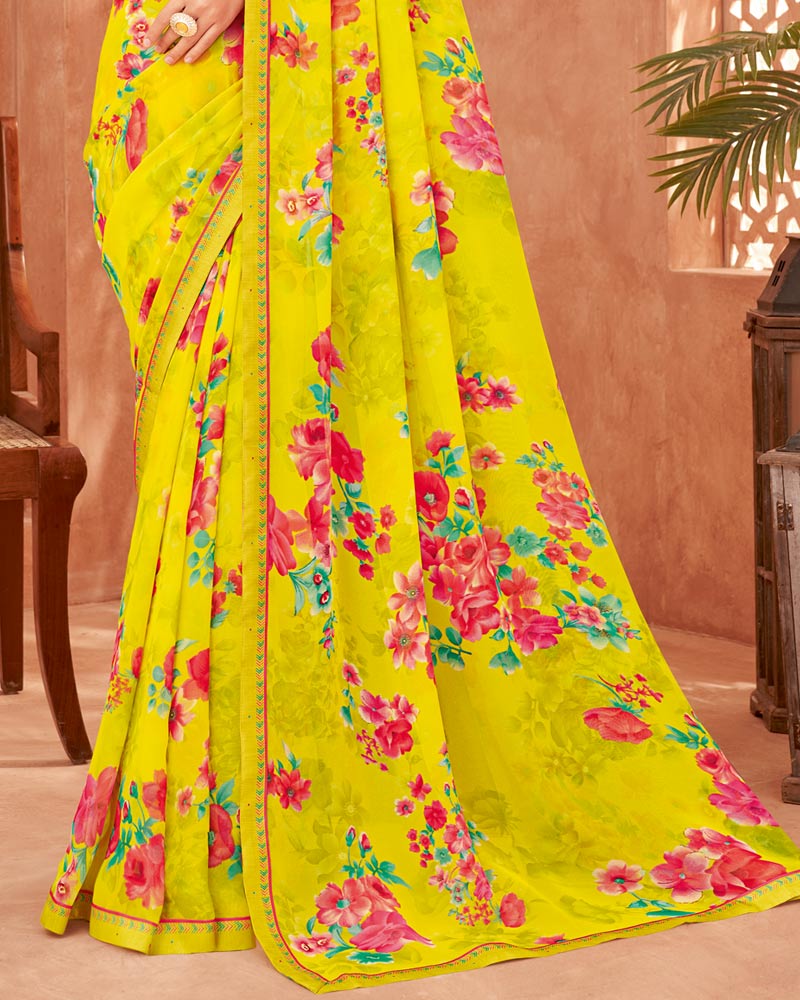 Vishal Prints Golden Yellow Printed Georgette Saree With Fancy Border