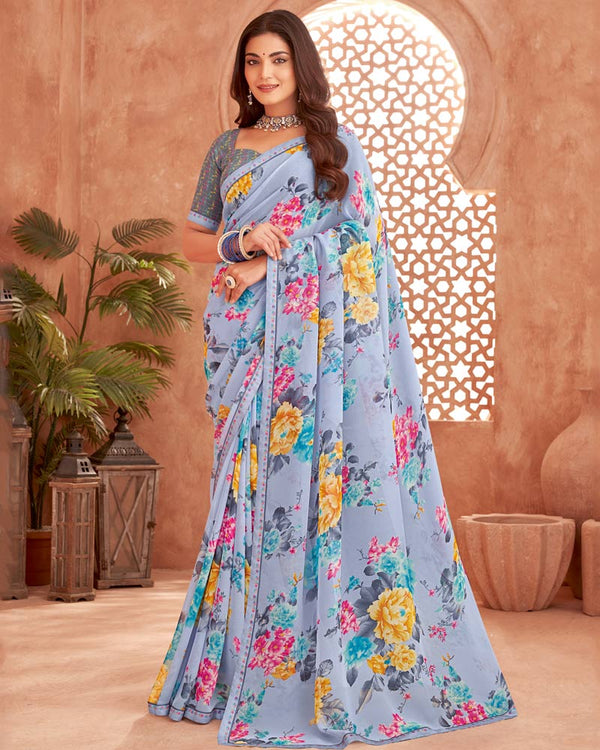 Vishal Prints Bluish Grey Printed Georgette Saree With Fancy Border