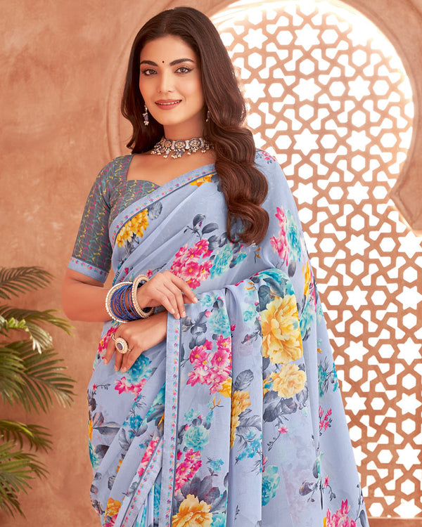 Vishal Prints Bluish Grey Printed Georgette Saree With Fancy Border