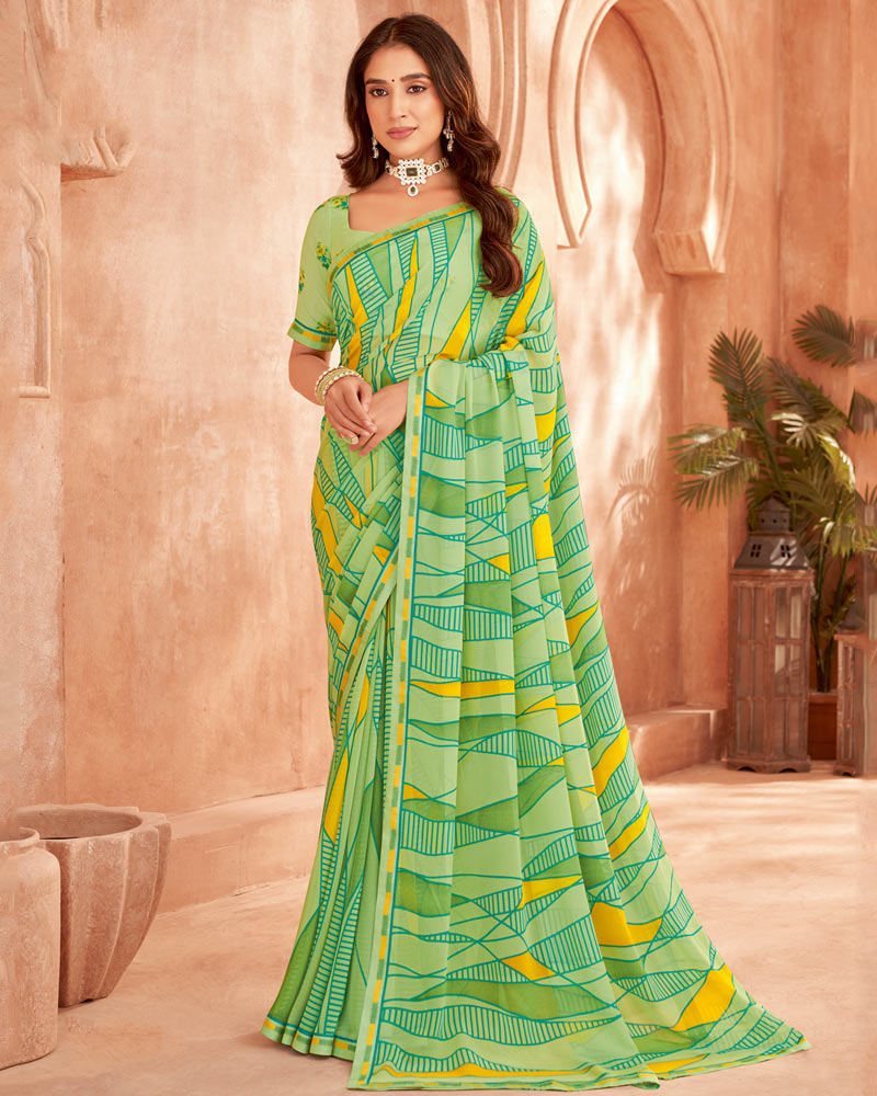 Vishal Prints Pastel Lime Green Printed Georgette Saree With Fancy Border