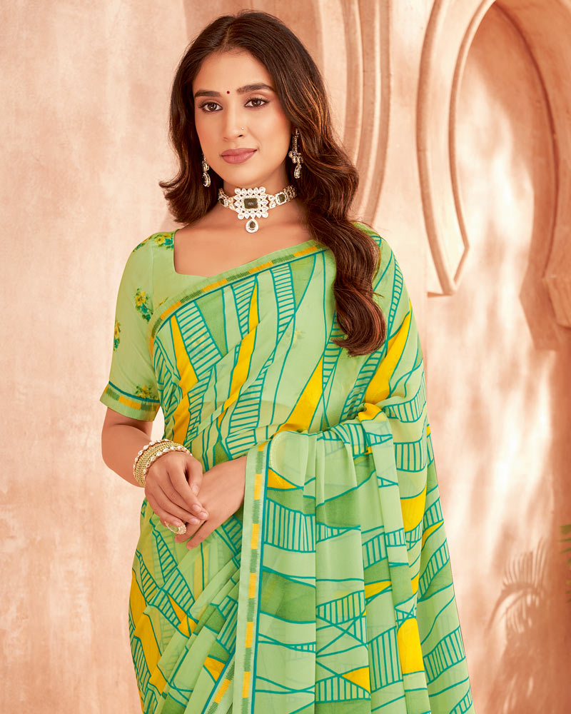 Vishal Prints Pastel Lime Green Printed Georgette Saree With Fancy Border